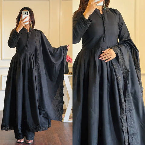 Black Embroidered Roman Silk Anarkali Gown Set with Bottom & Dupatta | Party Wear Ethnic Suit for Women