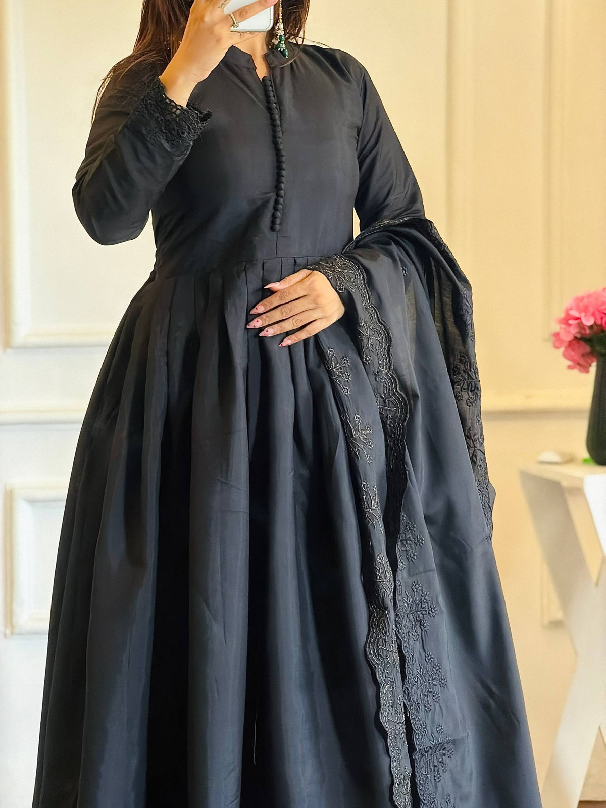 Black Embroidered Roman Silk Anarkali Gown Set with Bottom & Dupatta | Party Wear Ethnic Suit for Women