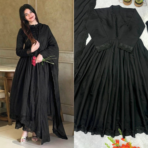Black Embroidered Roman Silk Anarkali Gown Set with Bottom & Dupatta | Party Wear Ethnic Suit for Women