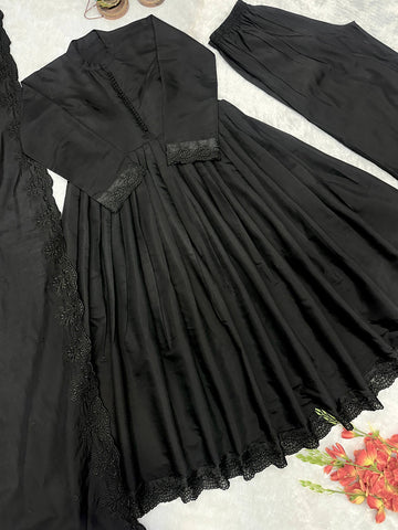 Black Embroidered Roman Silk Anarkali Gown Set with Bottom & Dupatta | Party Wear Ethnic Suit for Women