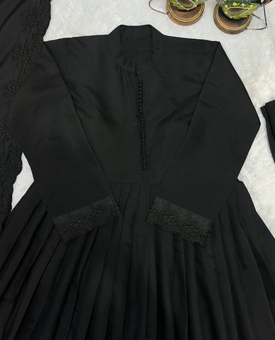 Black Embroidered Roman Silk Anarkali Gown Set with Bottom & Dupatta | Party Wear Ethnic Suit for Women
