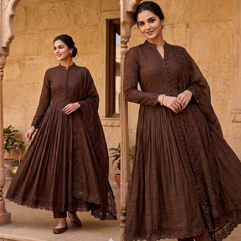 Chocolate Brown Embroidered Roman Silk Anarkali Gown Set with Dupatta | Designer Party Wear Ethnic Suit for Women