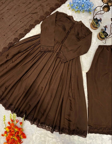 Chocolate Brown Embroidered Roman Silk Anarkali Gown Set with Dupatta | Designer Party Wear Ethnic Suit for Women