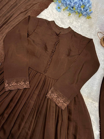 Chocolate Brown Embroidered Roman Silk Anarkali Gown Set with Dupatta | Designer Party Wear Ethnic Suit for Women