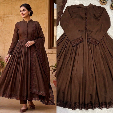Chocolate Brown Embroidered Roman Silk Anarkali Gown Set with Dupatta | Designer Party Wear Ethnic Suit for Women