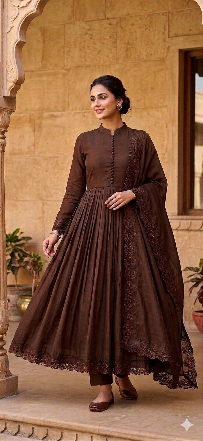 Chocolate Brown Embroidered Roman Silk Anarkali Gown Set with Dupatta | Designer Party Wear Ethnic Suit for Women