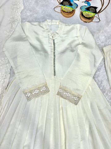 White Roman Silk Embroidered Anarkali Gown Set with Palazzo & Embroidered Dupatta