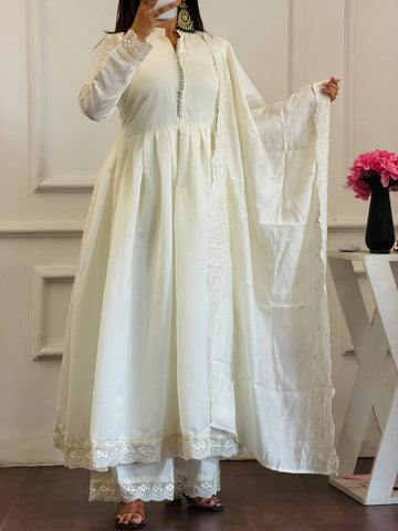 White Roman Silk Embroidered Anarkali Gown Set with Palazzo & Embroidered Dupatta