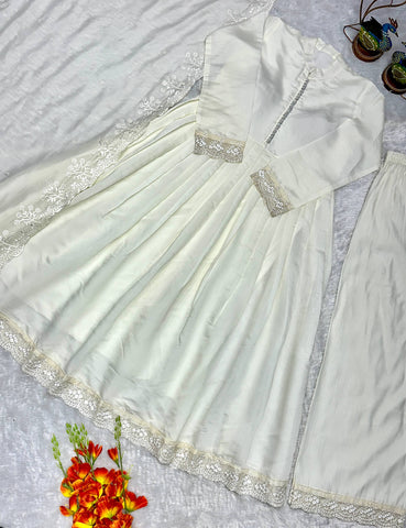 White Roman Silk Embroidered Anarkali Gown Set with Palazzo & Embroidered Dupatta
