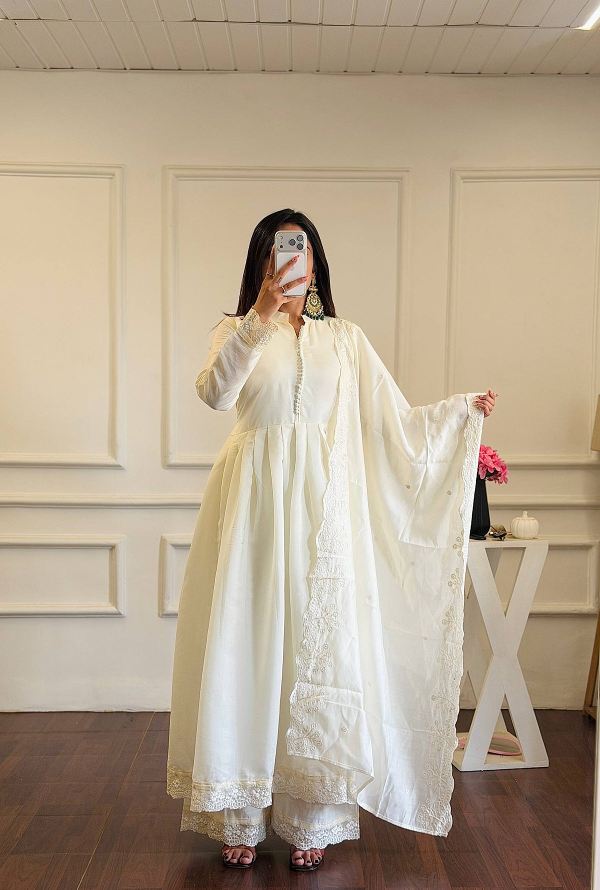 White Roman Silk Embroidered Anarkali Gown Set with Palazzo & Embroidered Dupatta