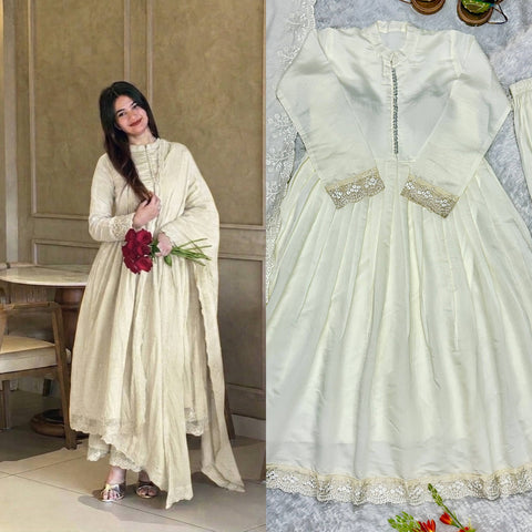 White Roman Silk Embroidered Anarkali Gown Set with Palazzo & Embroidered Dupatta