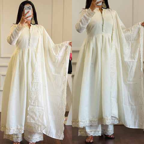 White Roman Silk Embroidered Anarkali Gown Set with Palazzo & Embroidered Dupatta