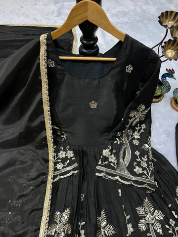 Designer Heavy Chinon Silk Peplum Top and Palazzo Set with Fancy Dupatta - Embroidered Party Wear Suit (Black