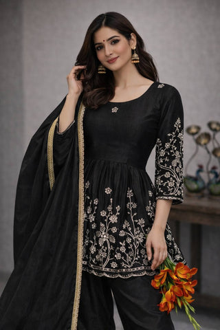 Designer Heavy Chinon Silk Peplum Top and Palazzo Set with Fancy Dupatta - Embroidered Party Wear Suit (Black