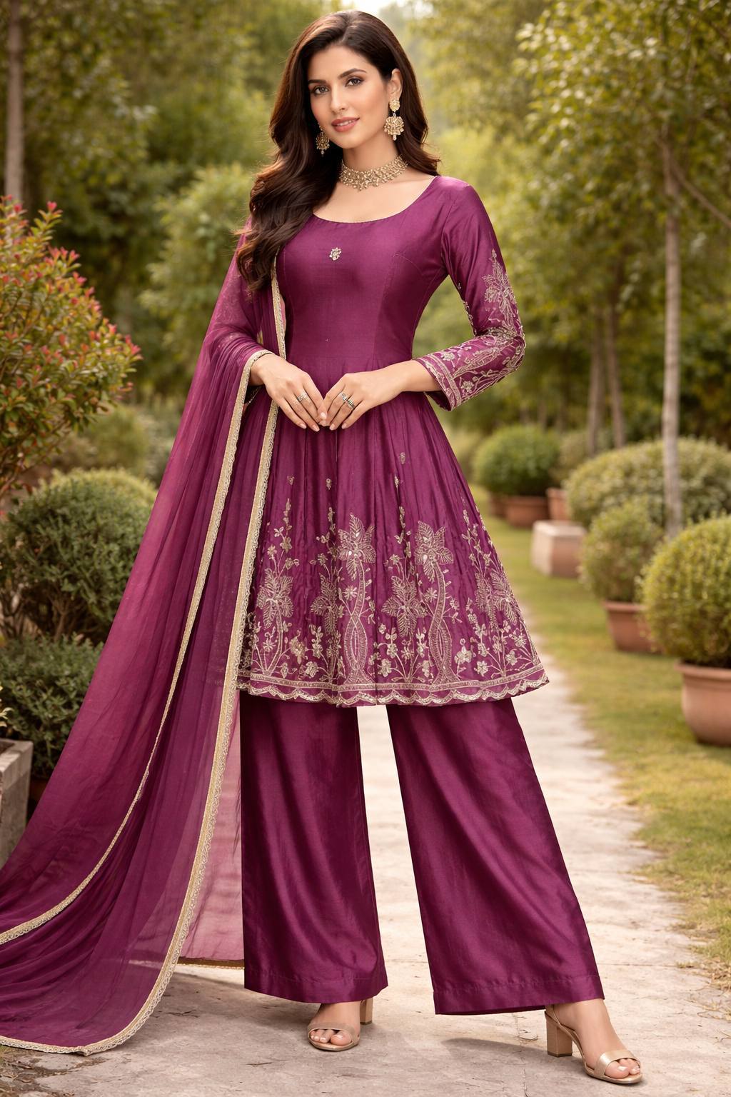 Designer Embroidered Chinon Silk Top & Palazzo Set with Fancy Dupatta – Magenta Party Wear (VLM-3007)
