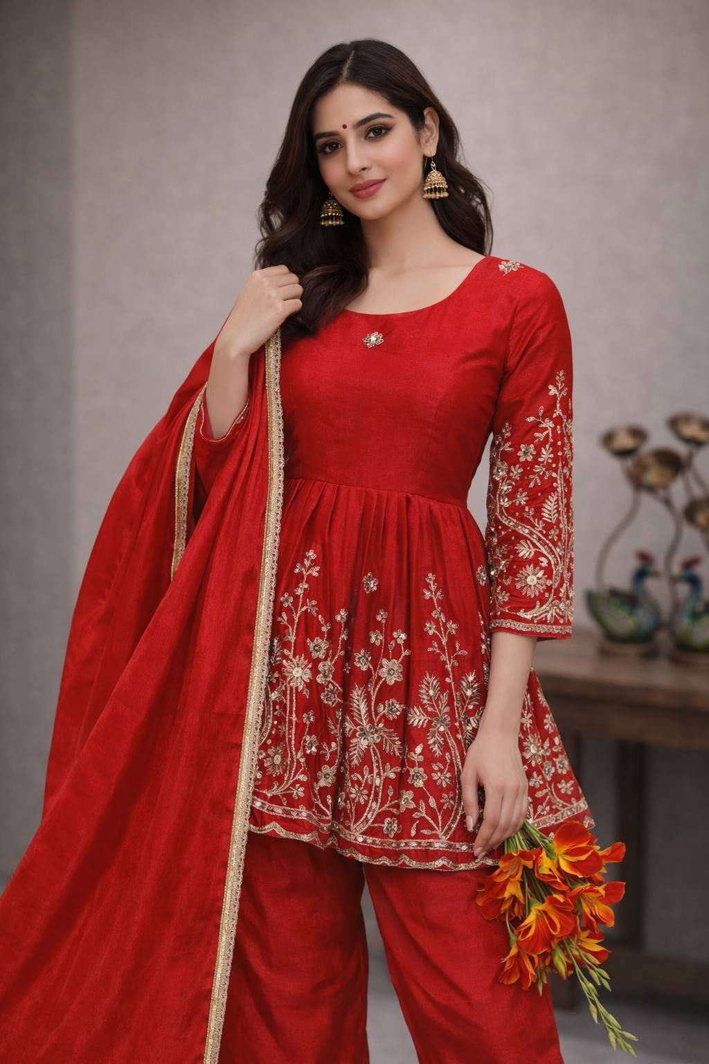 New Designer Red Heavy Chinon Silk Embroidered Top and Palazzo Set with Fancy Dupatta
