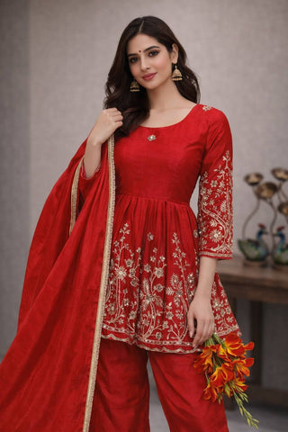 New Designer Red Heavy Chinon Silk Embroidered Top and Palazzo Set with Fancy Dupatta