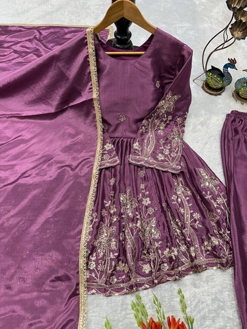 Designer Embroidered Chinon Silk Top & Palazzo Set with Fancy Dupatta – Magenta Party Wear (VLM-3007)