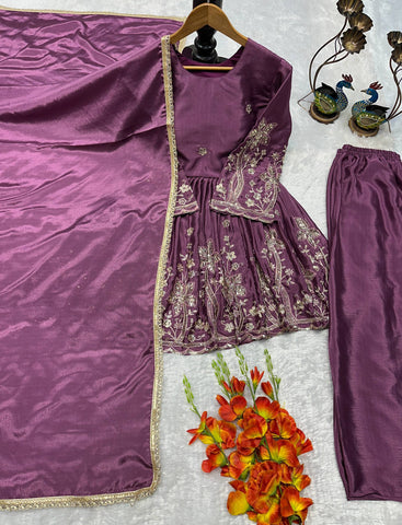 Designer Embroidered Chinon Silk Top & Palazzo Set with Fancy Dupatta – Magenta Party Wear (VLM-3007)