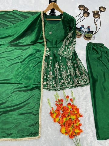 Women's Emerald Green Heavy Chinon Silk Embroidered Top Palazzo Set with Lace Dupatta | Party Wear | Fully Stitched