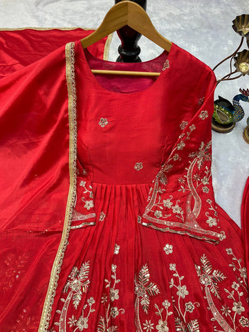 New Designer Red Heavy Chinon Silk Embroidered Top and Palazzo Set with Fancy Dupatta
