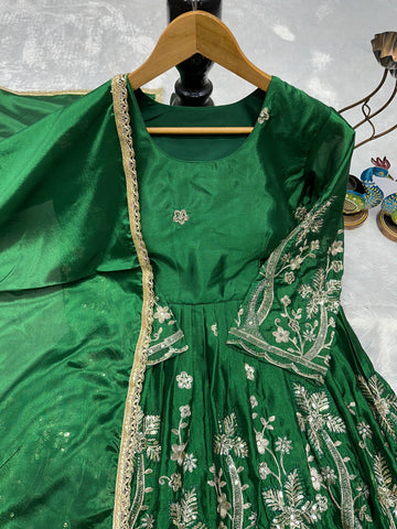 Women's Emerald Green Heavy Chinon Silk Embroidered Top Palazzo Set with Lace Dupatta | Party Wear | Fully Stitched