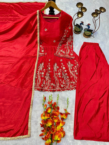 New Designer Red Heavy Chinon Silk Embroidered Top and Palazzo Set with Fancy Dupatta
