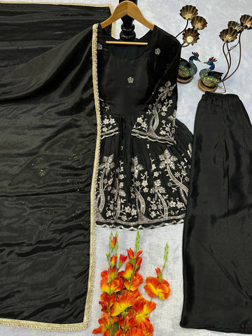 Designer Heavy Chinon Silk Peplum Top and Palazzo Set with Fancy Dupatta - Embroidered Party Wear Suit (Black