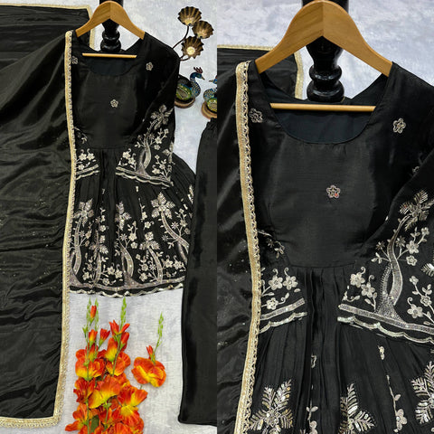 Designer Heavy Chinon Silk Peplum Top and Palazzo Set with Fancy Dupatta - Embroidered Party Wear Suit (Black