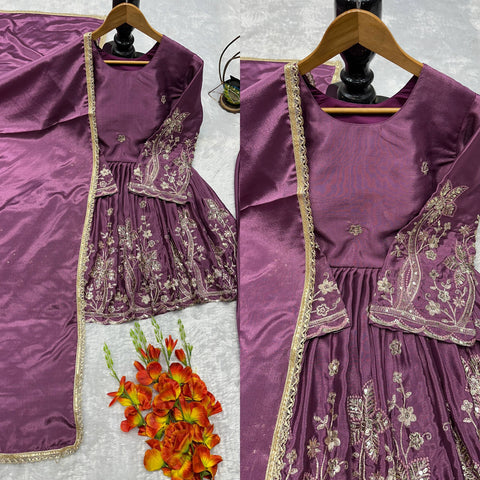 Designer Embroidered Chinon Silk Top & Palazzo Set with Fancy Dupatta – Magenta Party Wear (VLM-3007)