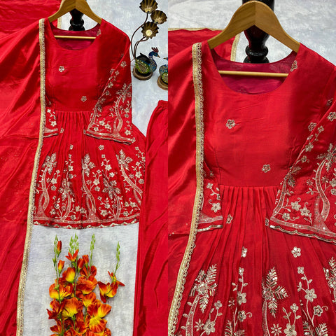 New Designer Red Heavy Chinon Silk Embroidered Top and Palazzo Set with Fancy Dupatta