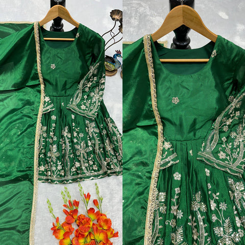 Women's Emerald Green Heavy Chinon Silk Embroidered Top Palazzo Set with Lace Dupatta | Party Wear | Fully Stitched