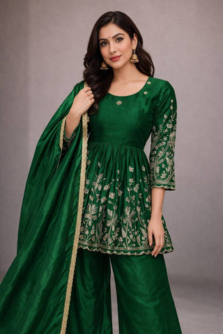 Women's Emerald Green Heavy Chinon Silk Embroidered Top Palazzo Set with Lace Dupatta | Party Wear | Fully Stitched