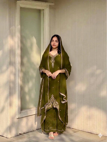 New Designer Olive Green Party Wear Georgette Palazzo Suit with Fancy Dupatta & Embroidery