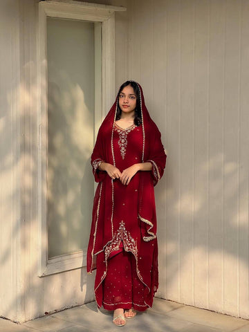 Designer Deep Red Heavy Georgette Embroidered Top & Palazzo Suit with Fancy Dupatta
