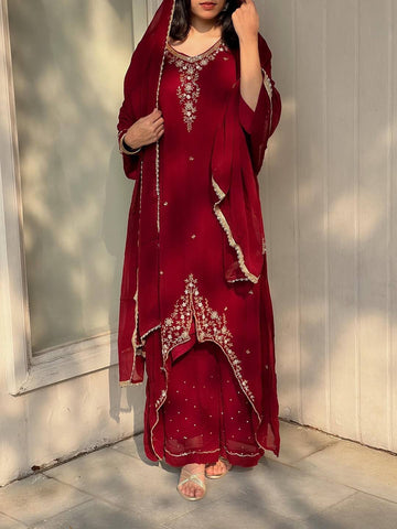 Designer Deep Red Heavy Georgette Embroidered Top & Palazzo Suit with Fancy Dupatta