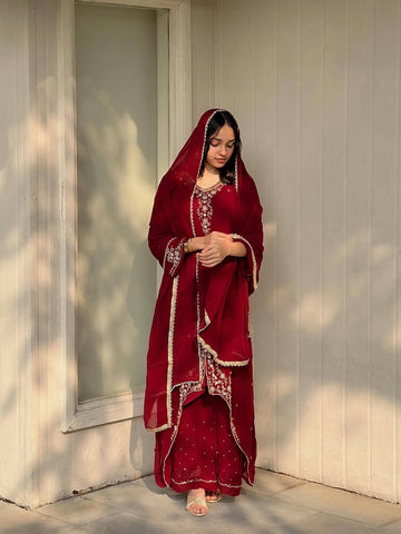 Designer Deep Red Heavy Georgette Embroidered Top & Palazzo Suit with Fancy Dupatta