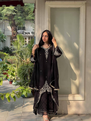 Elegant Heavy Fox Georgette Embroidered Party Wear Top & Palazzo Suit with Fancy Dupatta