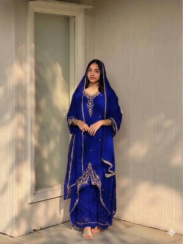 Designer Royal Blue Fox Georgette Party Wear Top and Palazzo Suit with Fancy Dupatta
