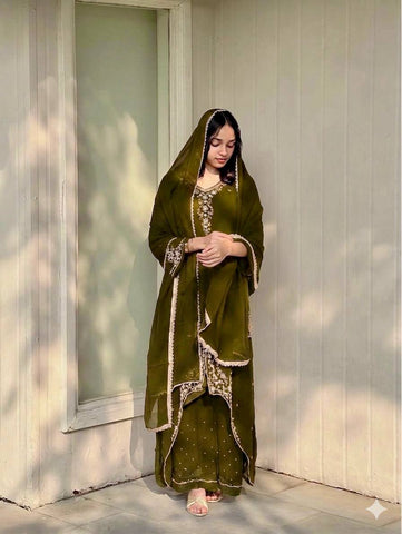 New Designer Olive Green Party Wear Georgette Palazzo Suit with Fancy Dupatta & Embroidery