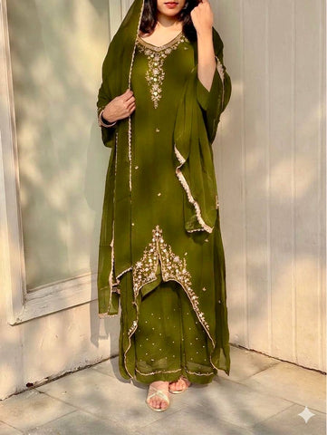 New Designer Olive Green Party Wear Georgette Palazzo Suit with Fancy Dupatta & Embroidery