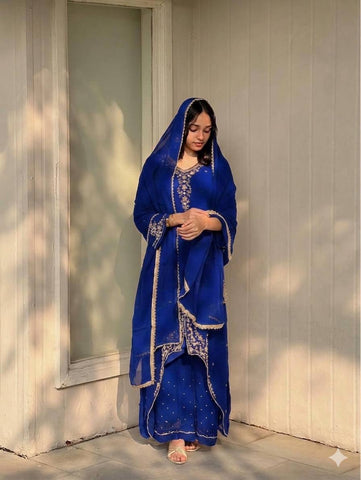 Designer Royal Blue Fox Georgette Party Wear Top and Palazzo Suit with Fancy Dupatta