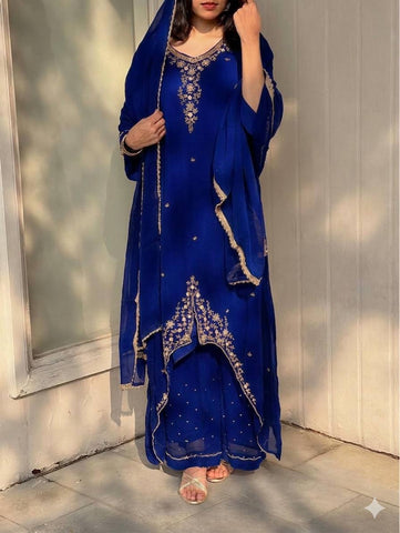 Designer Royal Blue Fox Georgette Party Wear Top and Palazzo Suit with Fancy Dupatta