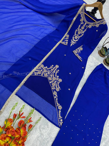 Designer Royal Blue Fox Georgette Party Wear Top and Palazzo Suit with Fancy Dupatta
