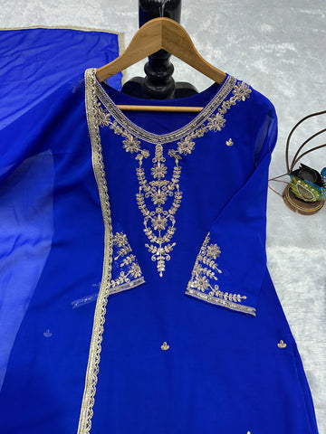 Designer Royal Blue Fox Georgette Party Wear Top and Palazzo Suit with Fancy Dupatta
