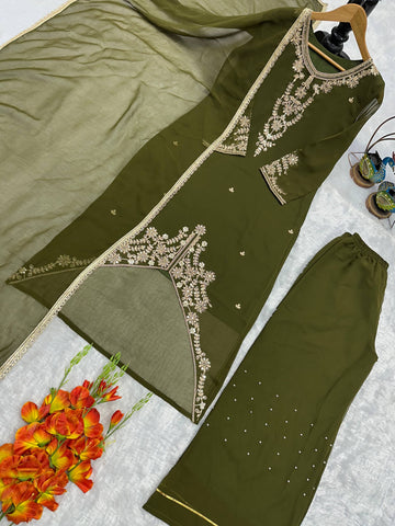 New Designer Olive Green Party Wear Georgette Palazzo Suit with Fancy Dupatta & Embroidery