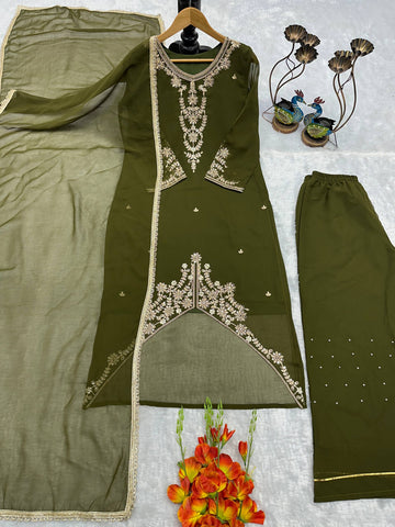 New Designer Olive Green Party Wear Georgette Palazzo Suit with Fancy Dupatta & Embroidery