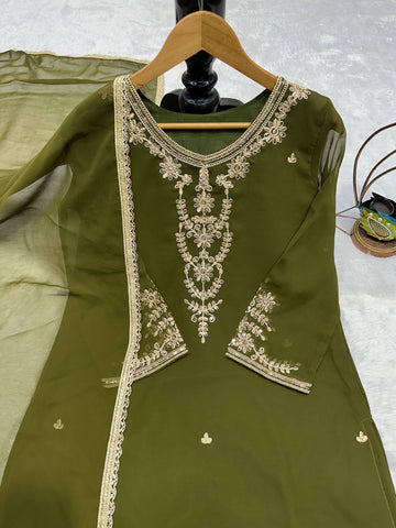 New Designer Olive Green Party Wear Georgette Palazzo Suit with Fancy Dupatta & Embroidery