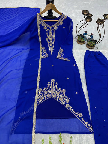 Designer Royal Blue Fox Georgette Party Wear Top and Palazzo Suit with Fancy Dupatta