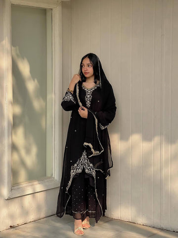 Elegant Heavy Fox Georgette Embroidered Party Wear Top & Palazzo Suit with Fancy Dupatta